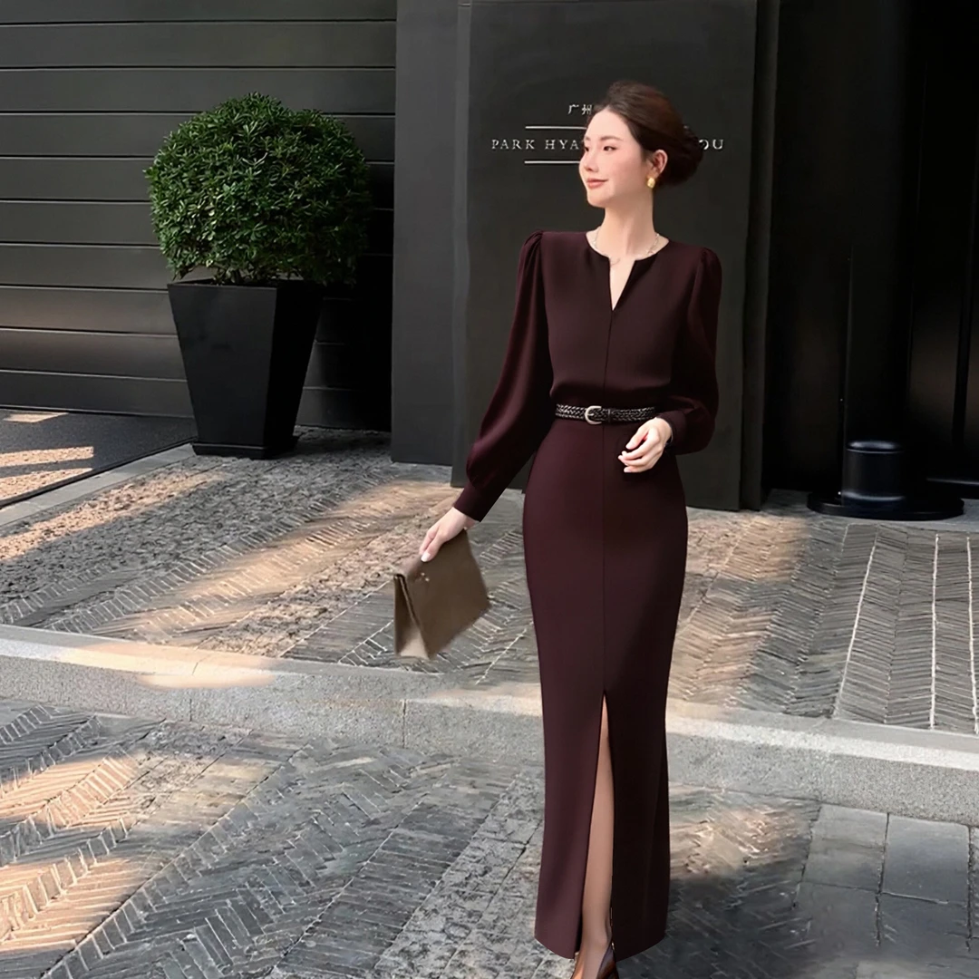【送腰带】春秋新款气质高级感通勤修身裙子收腰系带连衣裙女DM0057