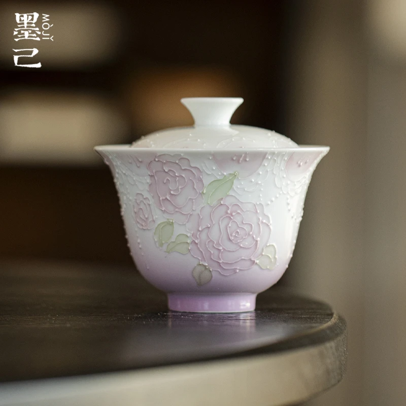 墨己有田烧渐变紫手绘珠帘蔷薇陶瓷盖碗功夫茶具家用薄胎泡茶碗