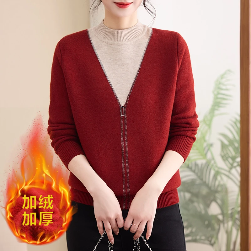 【丽姐家】秋冬加绒加厚洋气针织毛衣女士百搭宽松冬季冬季上衣