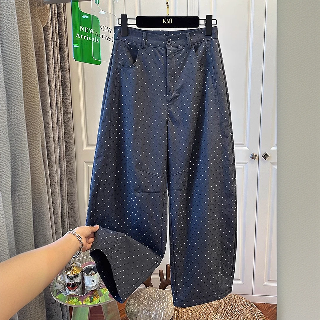 设计感今年流行春夏季洋气百搭阔腿裤波点休闲裤高腰女天丝弯刀裤