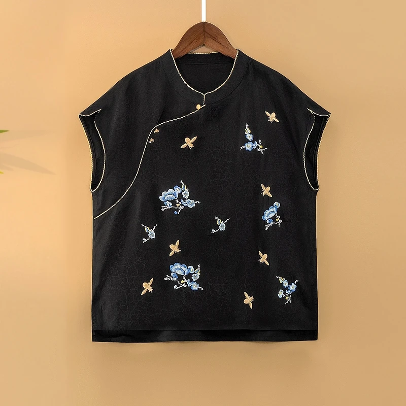 【晚莺】夏季2025新款上衣小衫新中式女装国风立领绣花人丝飞袖衬衫