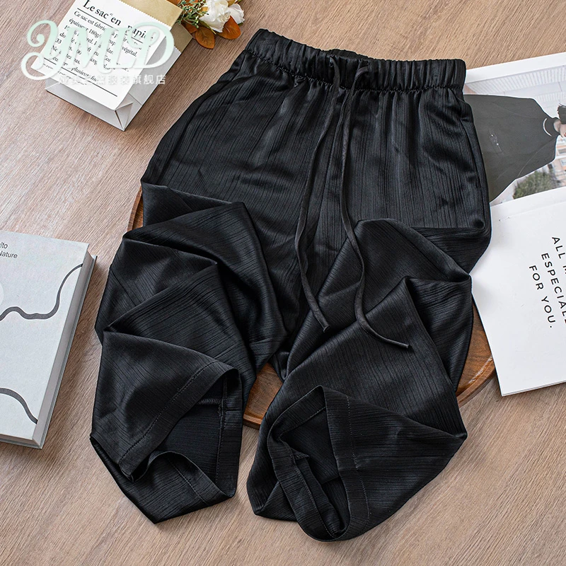 黑色醋酸冰丝缎面阔腿裤女2025年春秋新款高腰显瘦夏季薄款直筒裤