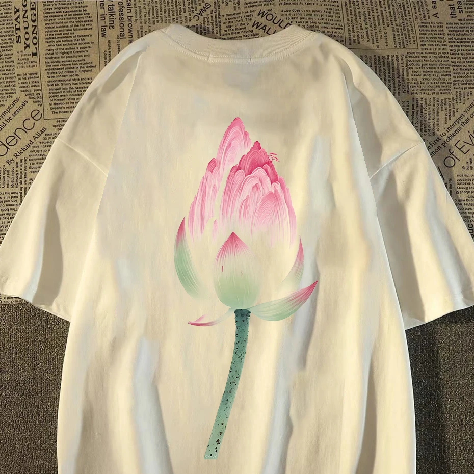 100%重磅纯棉短袖T恤男女同款涂鸦荷花夏上衣宽松潮牌男装半袖ZN1