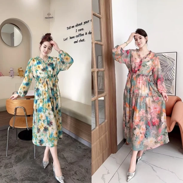 5025夏季新款木耳花边两侧抽绳高级感高雅气质碎花大码女装连衣裙