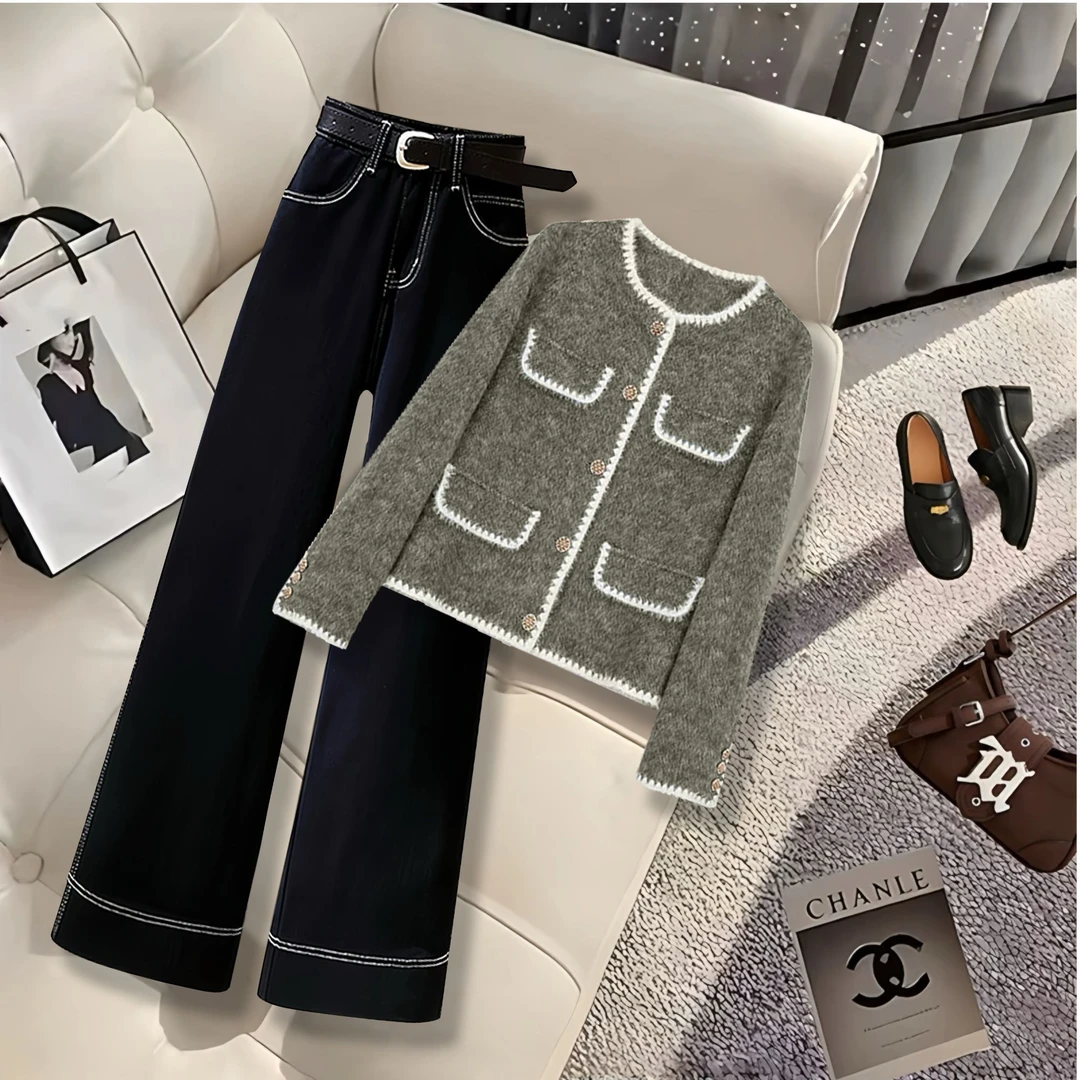 2025新款春季韩系气质小香风圆领外套女搭配高腰遮肉阔腿裤两件套