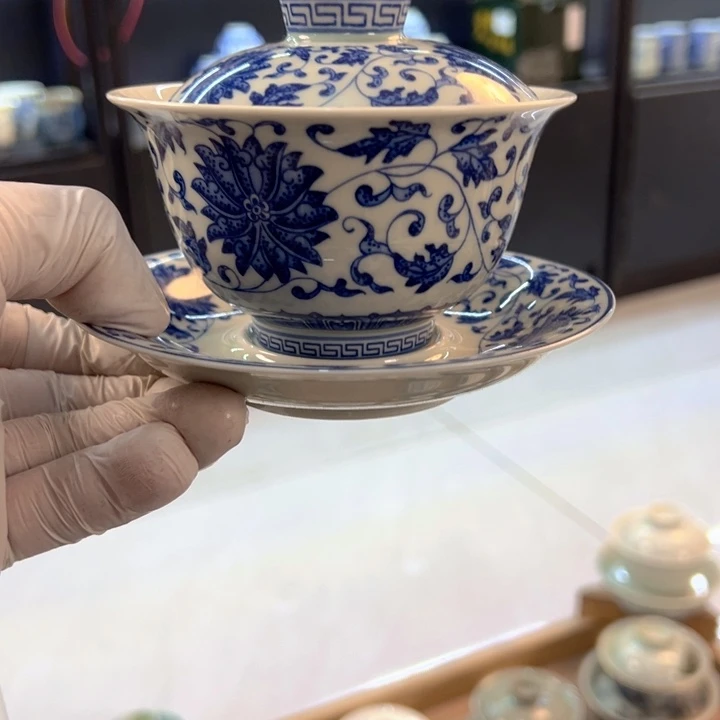 瓷片白青花缠枝莲元宝盖碗全品