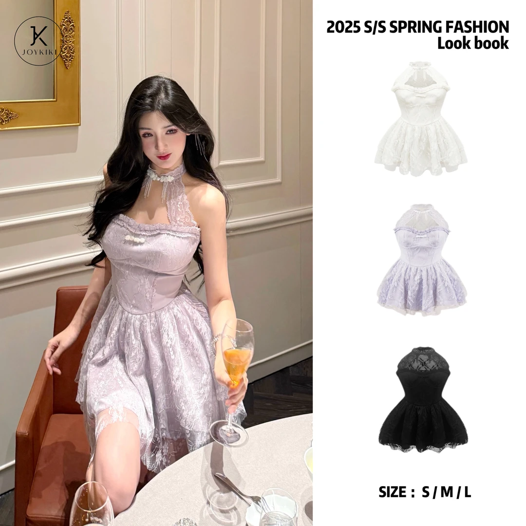 JOY KIKI金金【慕斯大小姐】春季新中式手工提花挂脖连衣裙J25A153