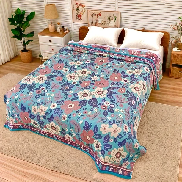 【910蓝色木棉花3米～230×250cm多尺寸可选】～多层纱布床盖