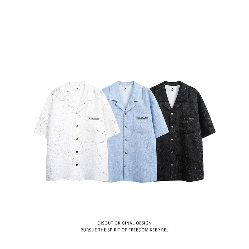 小众设计褶皱纹理感短袖衬衫男夏季高级感小香风衬衣痞帅上衣