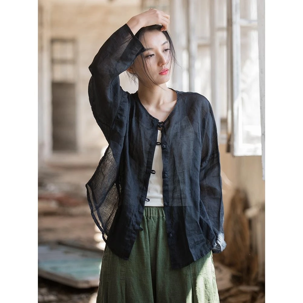 原创夏季100支砂洗苎麻防晒衣复古禅意女装文艺盘扣女式衬衣开衫