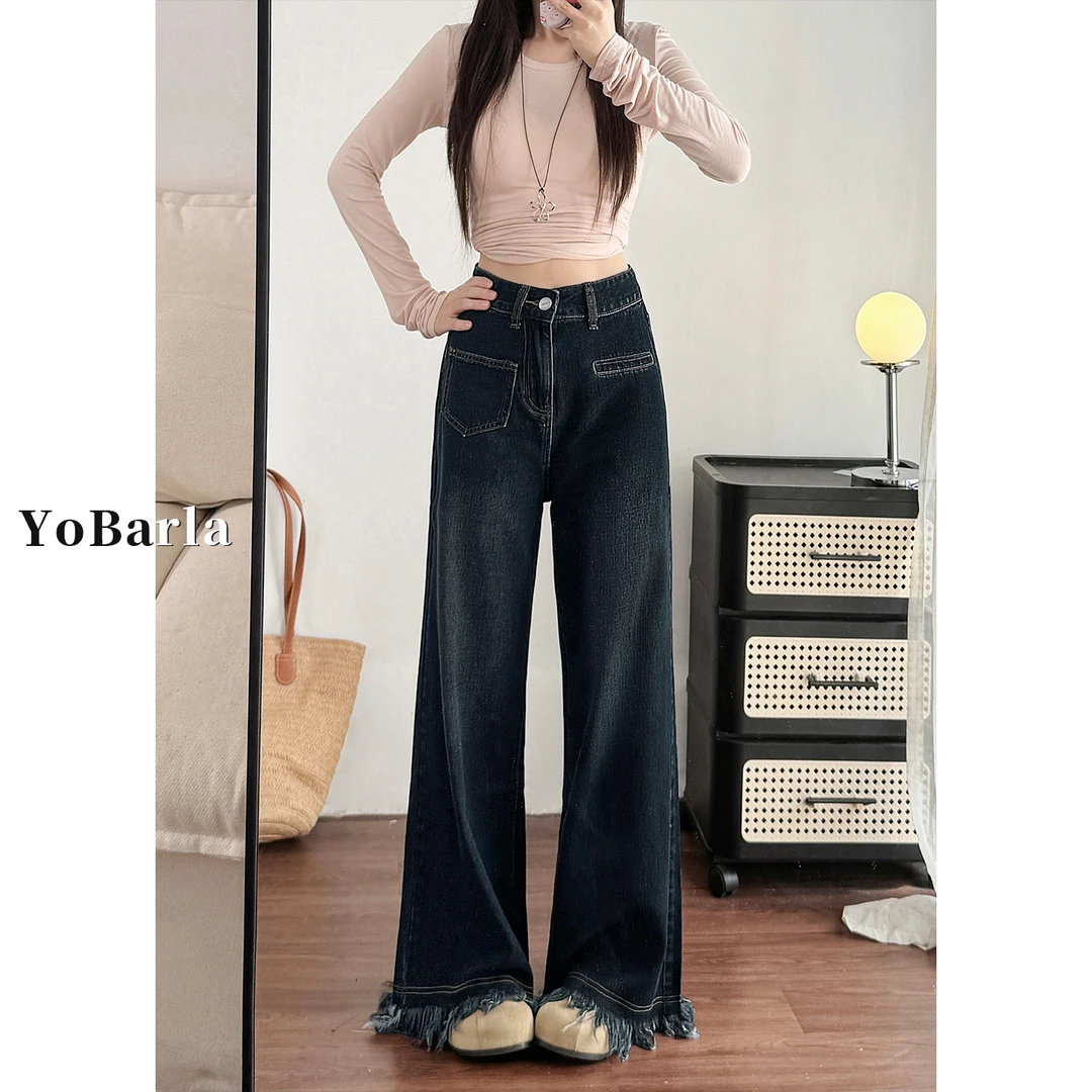 蓝灰色流苏直筒牛仔裤女秋冬新款胖mm大码宽松显瘦梨形身材阔腿裤