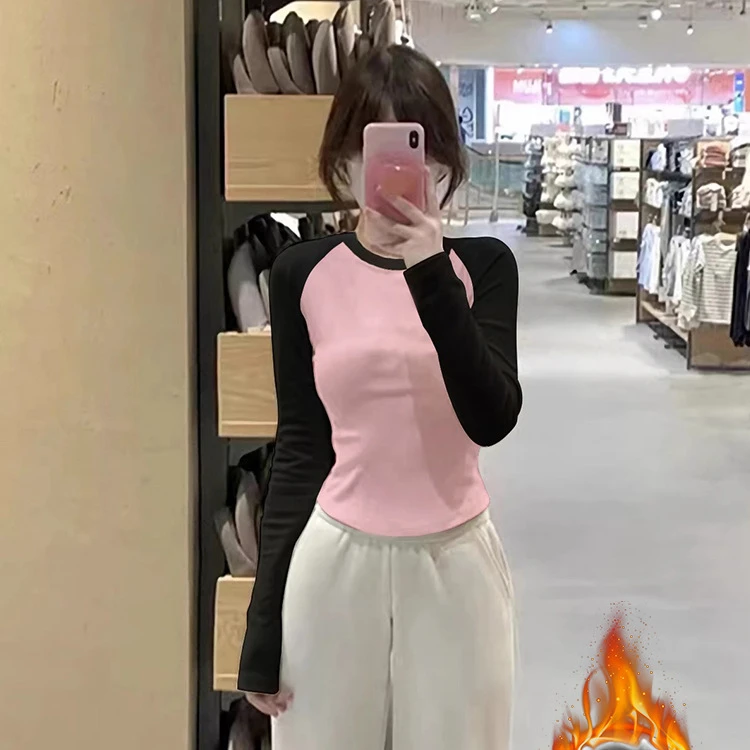 长袖体恤女修身显瘦春秋冬季新款百搭撞色插肩袖小个子套头上衣潮