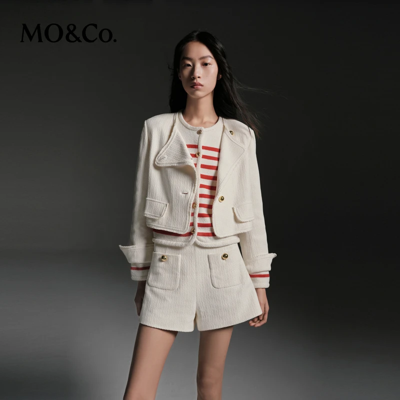 【诗语专属】MOCO春法式小香风斜门襟翻领金属扣短款外套MBC1COTT02