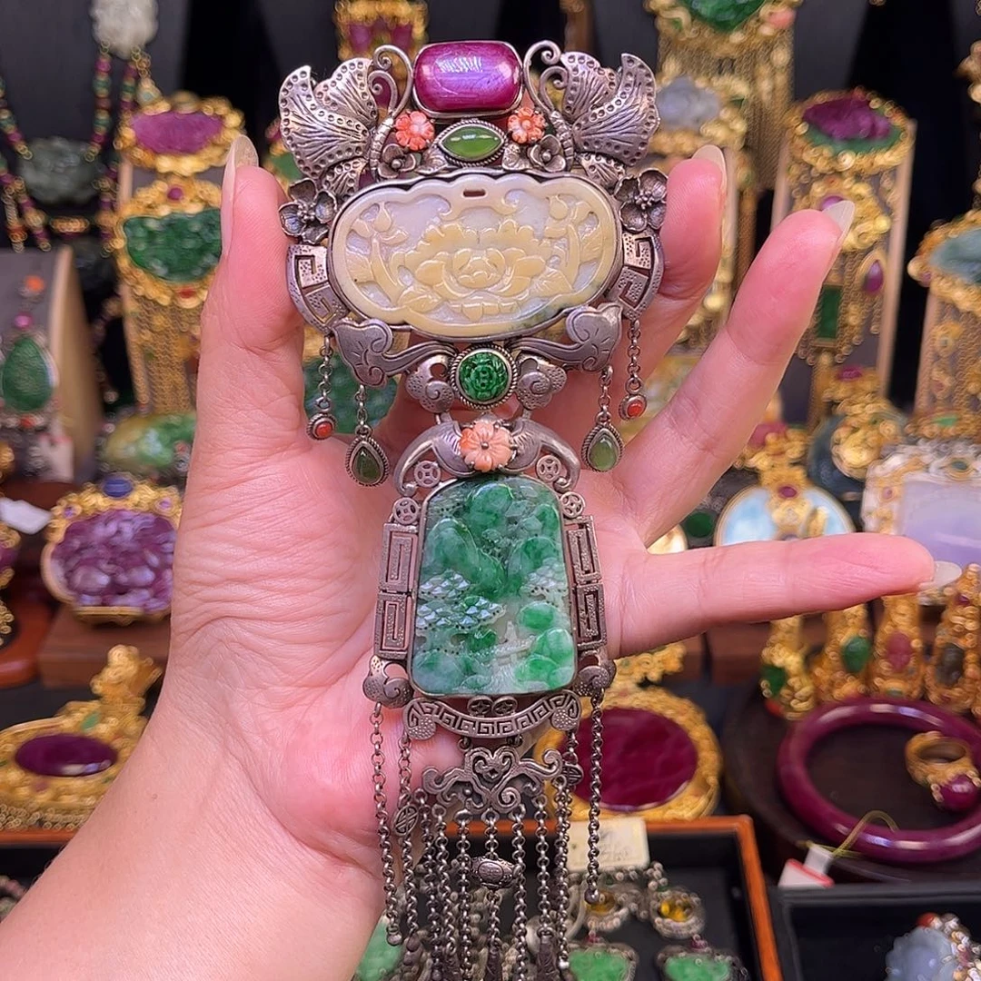 吊坠(不含链)银S925镶嵌翡翠多宝吊坠