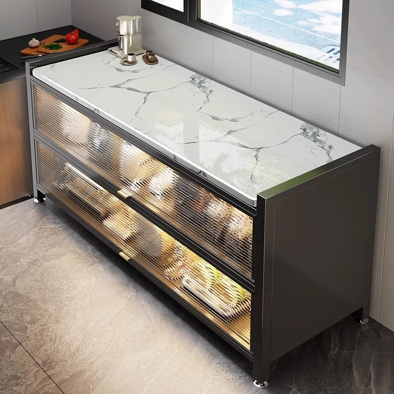 岩板餐边柜厨房置物架落地多层微波炉烤箱岩板收纳柜子多功能收纳