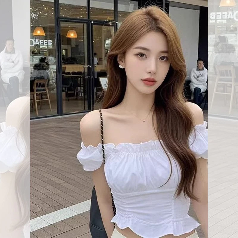 法式设计感辣妹纯欲风花边雪纺衬衫女夏季新款短款甜美一字领上衣