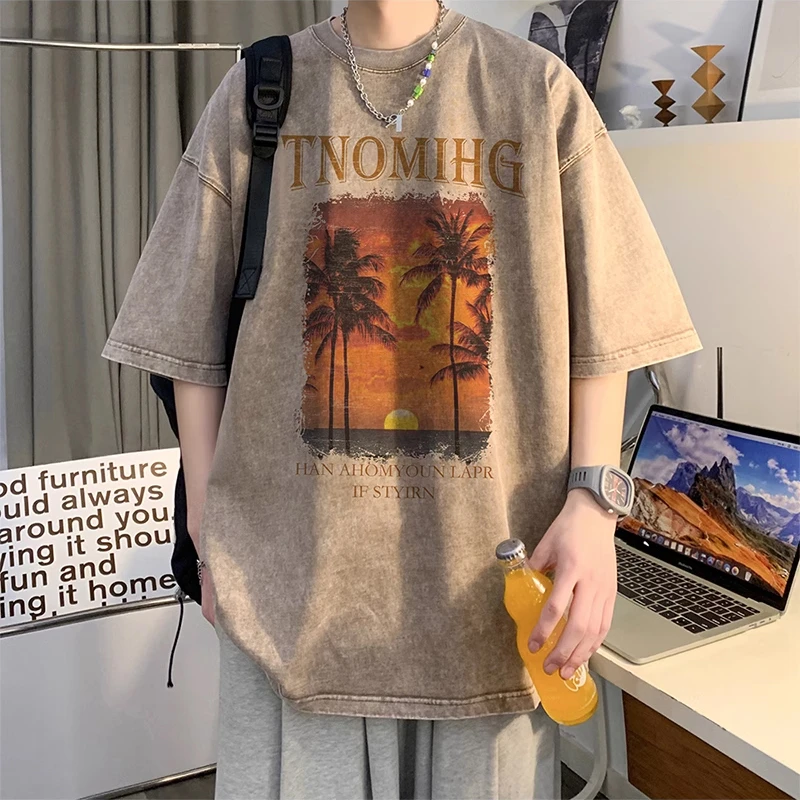 美式复古短袖t恤男夏季重磅纯棉潮牌体恤水洗做旧大码宽松5分半袖