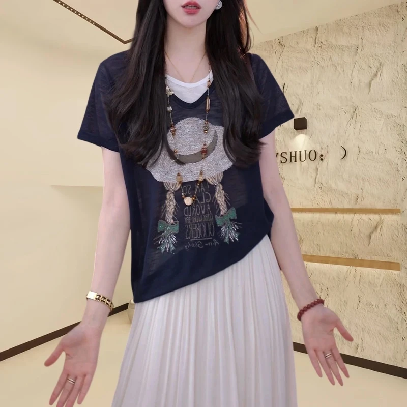 夏季薄款透气假两件短袖T恤女洋气小衫2025新辣妹磨毛假两件T恤