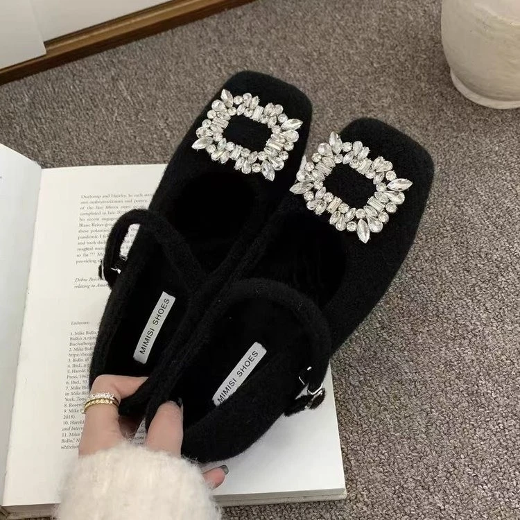 水钻高跟擦色皮交叉绑带方头一字式扣带玛丽珍鞋秋冬单鞋平底鞋