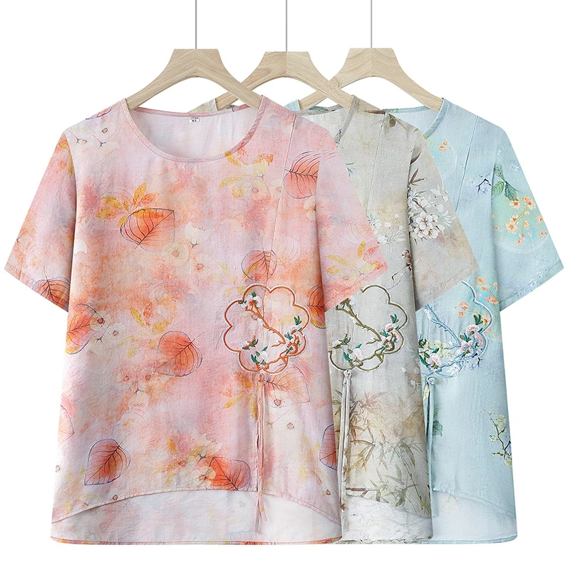 中老年妈妈女装短袖夏装宽松型休闲风国风圆领常规碎花百搭T恤