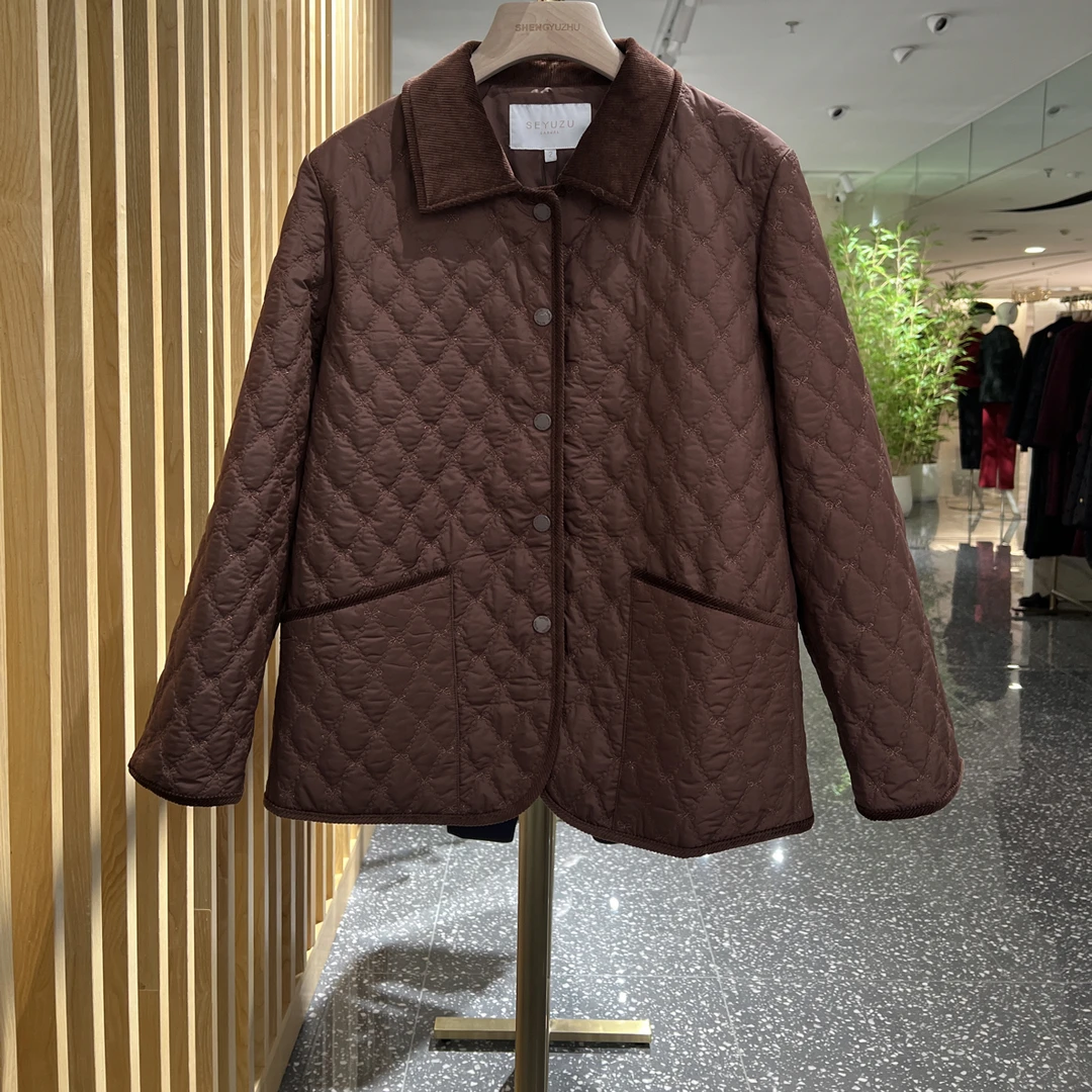 声雨竹7R609咖色休闲薄棉服新雪丽暖绒棉衣宽松秋冬保暖时尚百搭