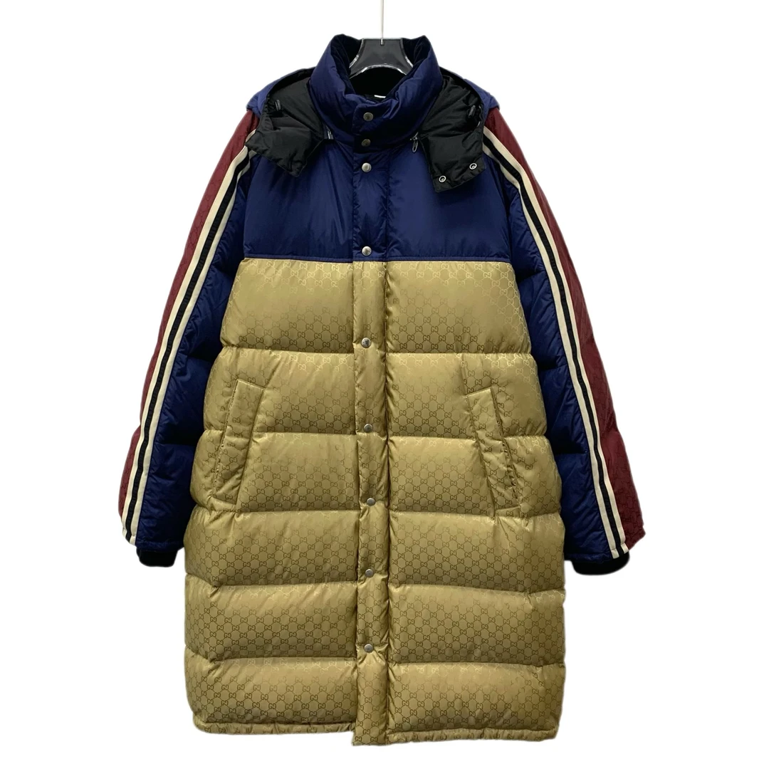 95新 GUCCI/古驰  IM0131  条纹logo印花满印连帽羽绒服  L码