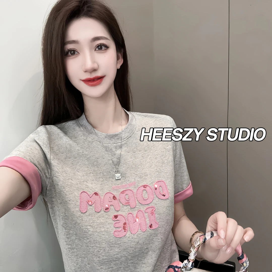 2025夏季大D字母修身T恤显瘦时尚休闲百搭设计感圆领短袖