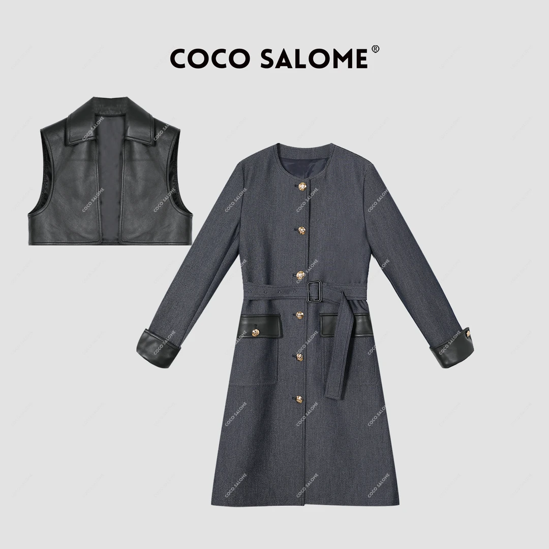 韩彬彬"巴黎夜雨"外套拼接两件套带腰带品质女装长款风衣4082-5