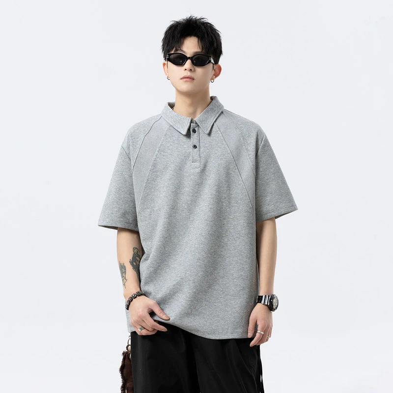 【哇啦赛】美式正肩polo衫短袖男夏季拼接翻领衬衫重磅硬挺版型上衣