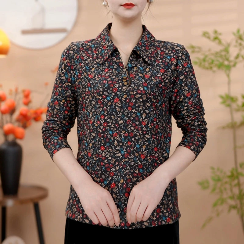 2025新款中老年女装长袖加绒打底衫气质衬衫领上衣小碎花显瘦百搭