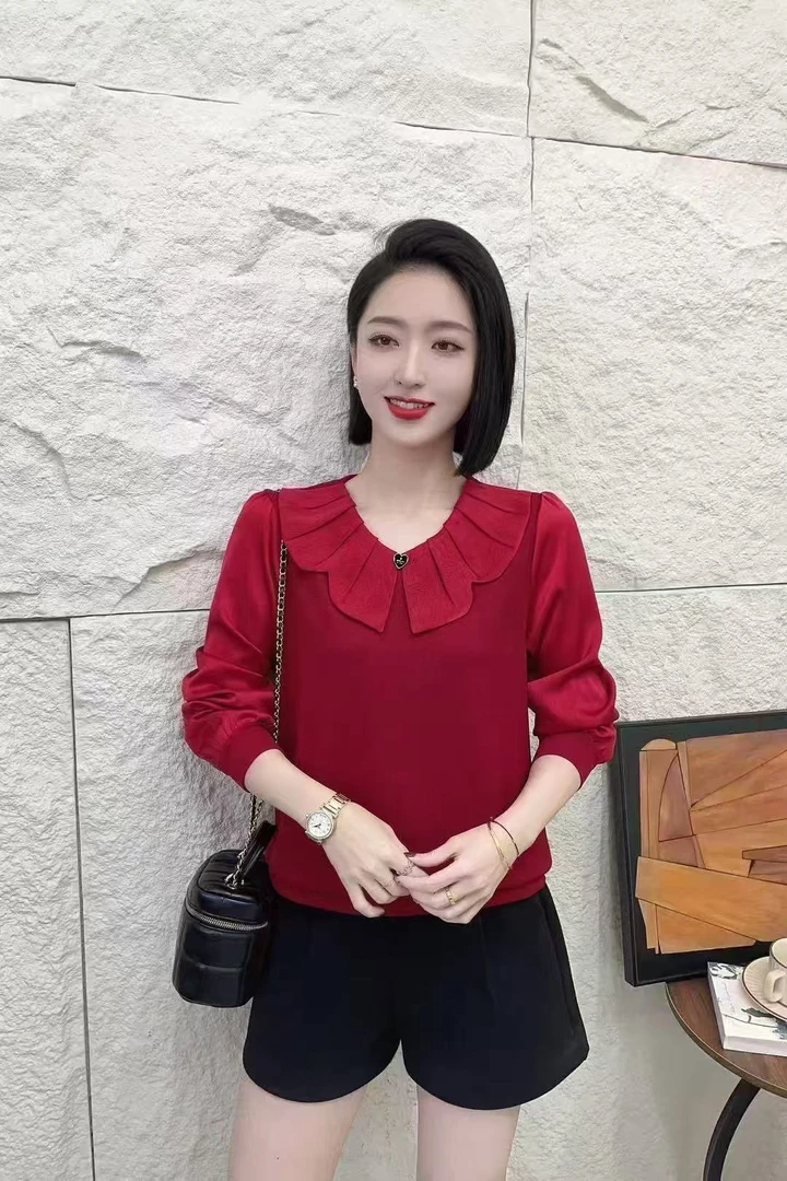 0588#爱心装饰娃娃领长袖衬衫女洋气显瘦气质时尚百搭韩版春秋