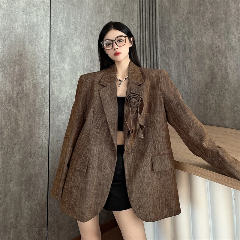 设计感立体花朵垫肩西装外套女春秋港味复古做旧咖色廓形西服大衣