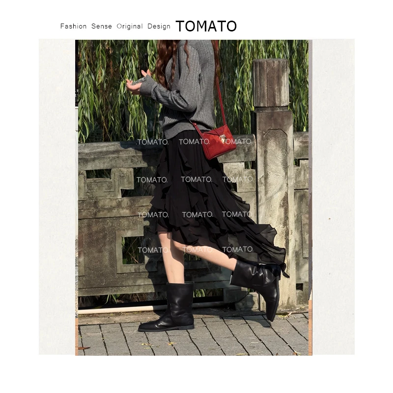 TomaTo-早秋韩系新款显瘦高腰不规则休闲百搭半身裙子C25Q61091