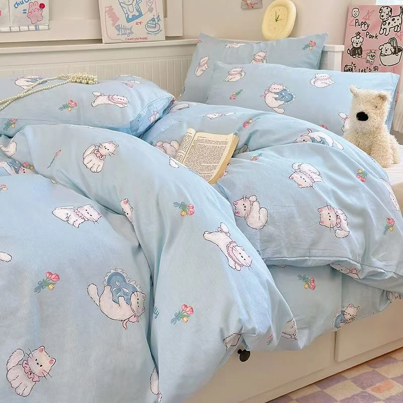 【微瑕】猫咪日记-蓝色水洗棉绗缝双人床盖2*2.3m