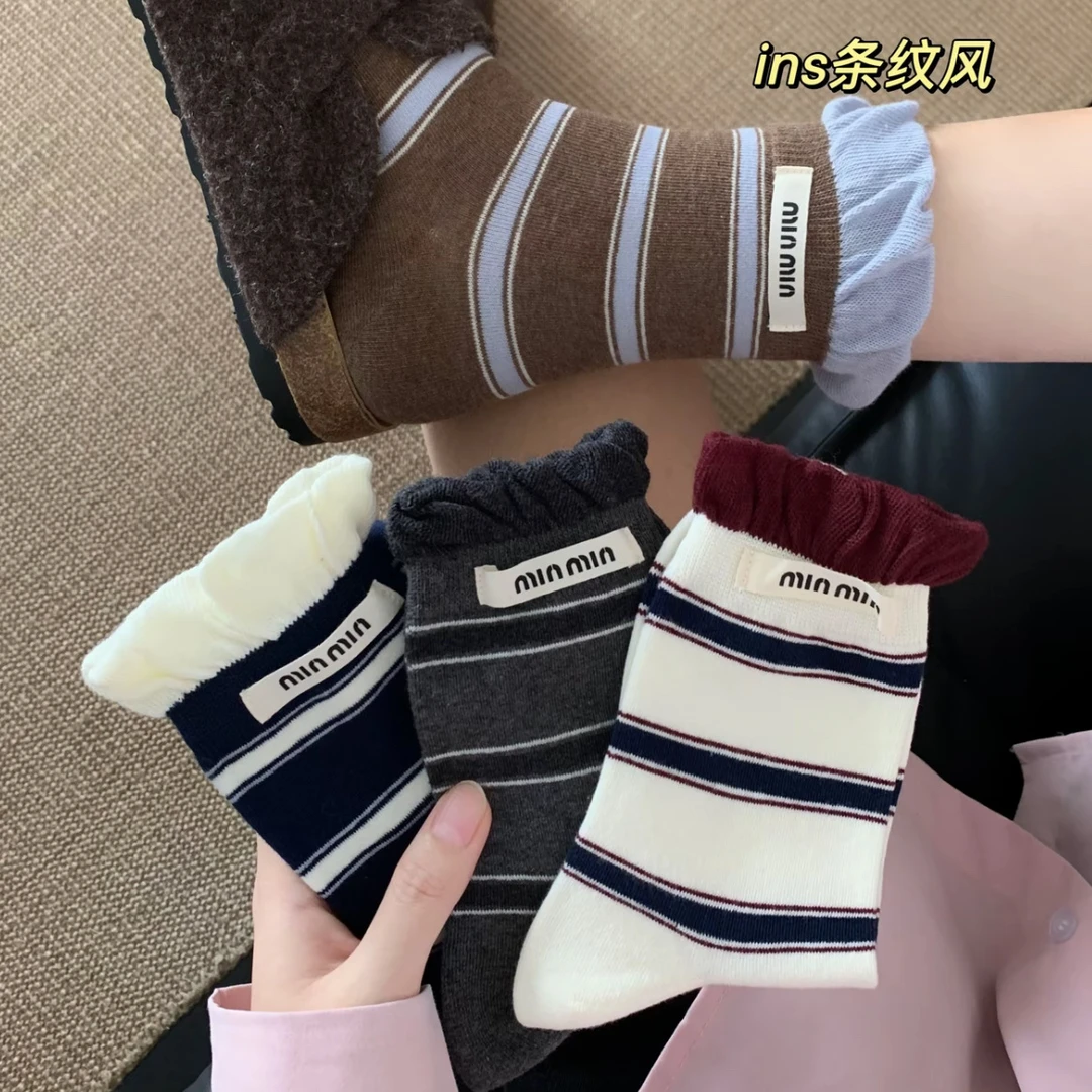 学院风泡泡口条纹袜子女中筒复古百搭拼色堆堆中筒袜W5069