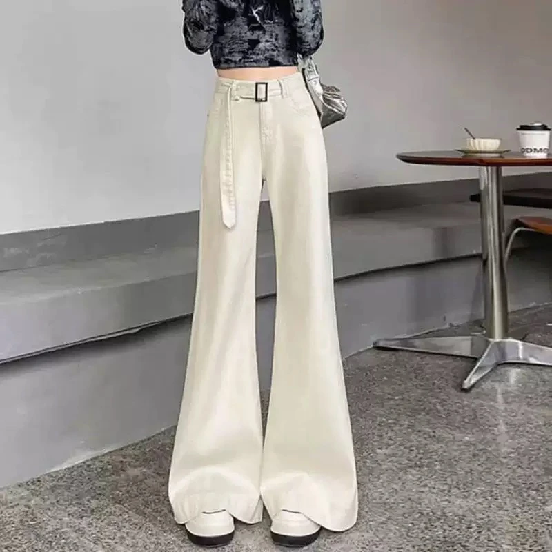 牛仔裤阔腿裤微喇女装大码胖宽松不贴腿梨形阔腿喇叭裤子米白色长