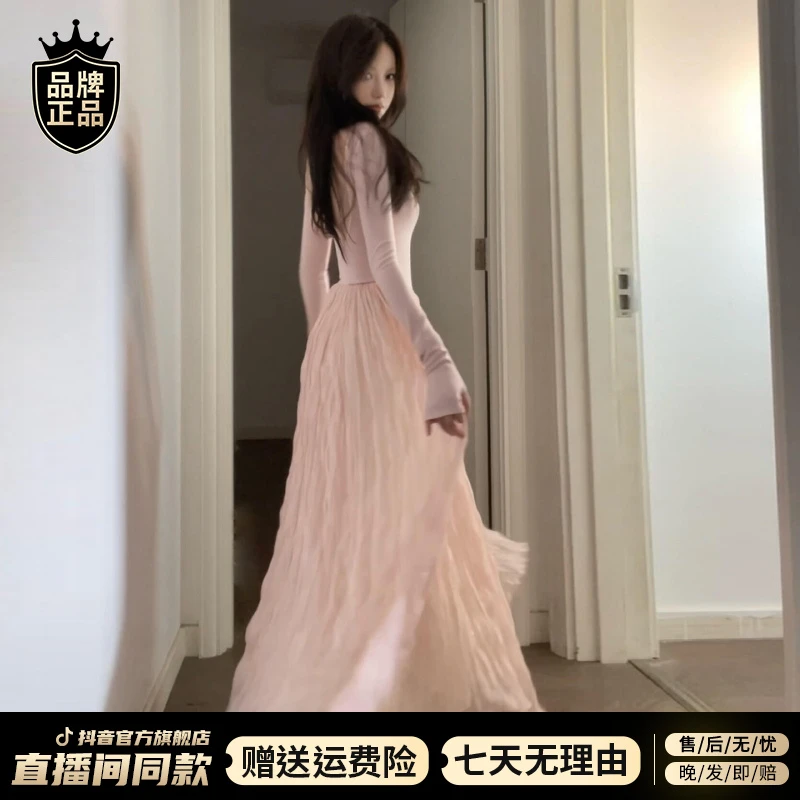 2025新款韩系温柔风粉色长袖连衣裙子女秋季穿搭洋气爆款早秋长裙
