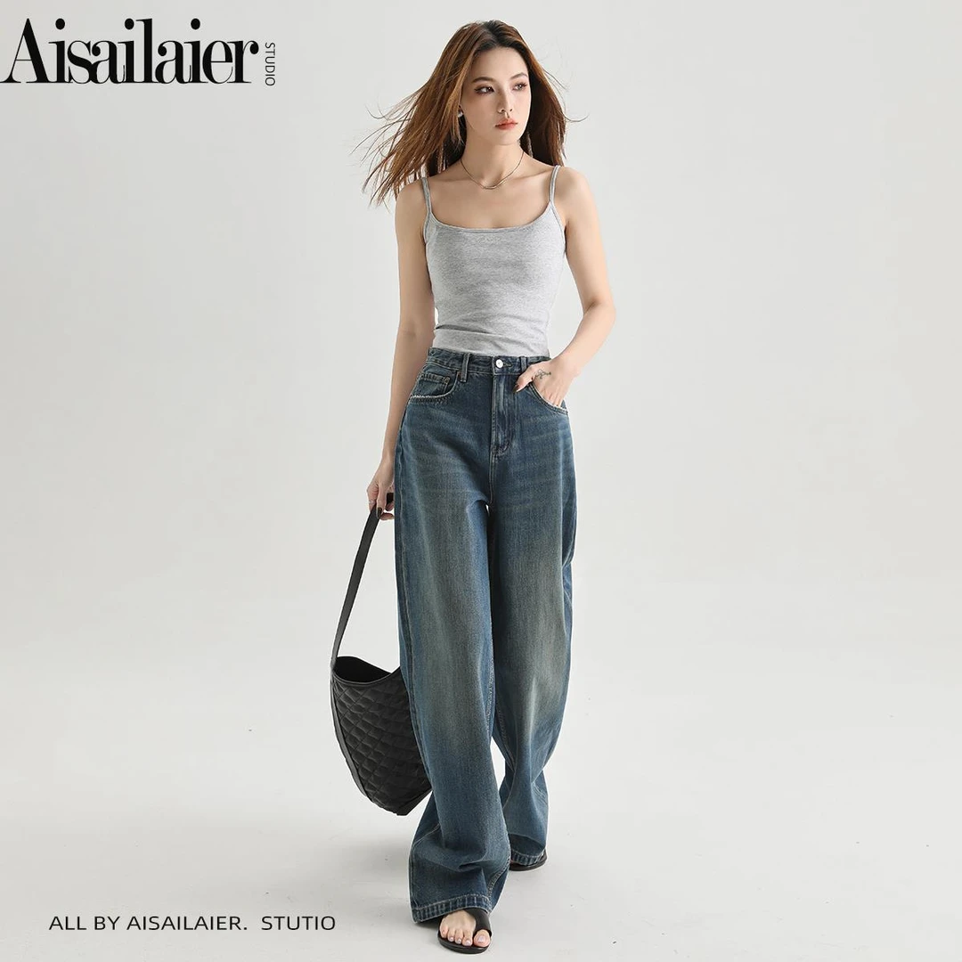 美式复古直筒阔腿牛仔裤女2025年春季新款宽松显瘦垂感高腰拖地裤