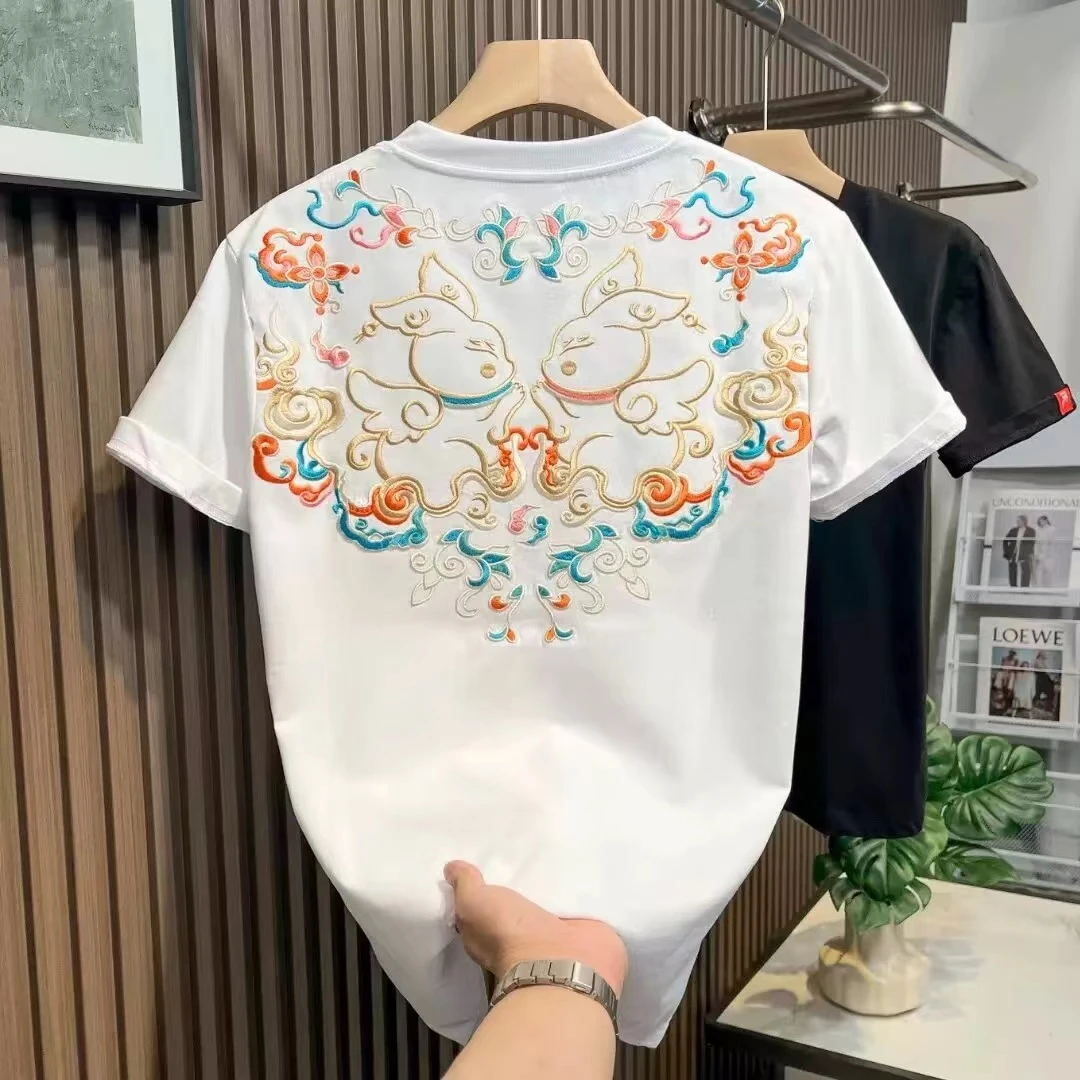 222国潮潮牌中国风双兔子刺绣短袖T恤男女同款情侣半袖上衣