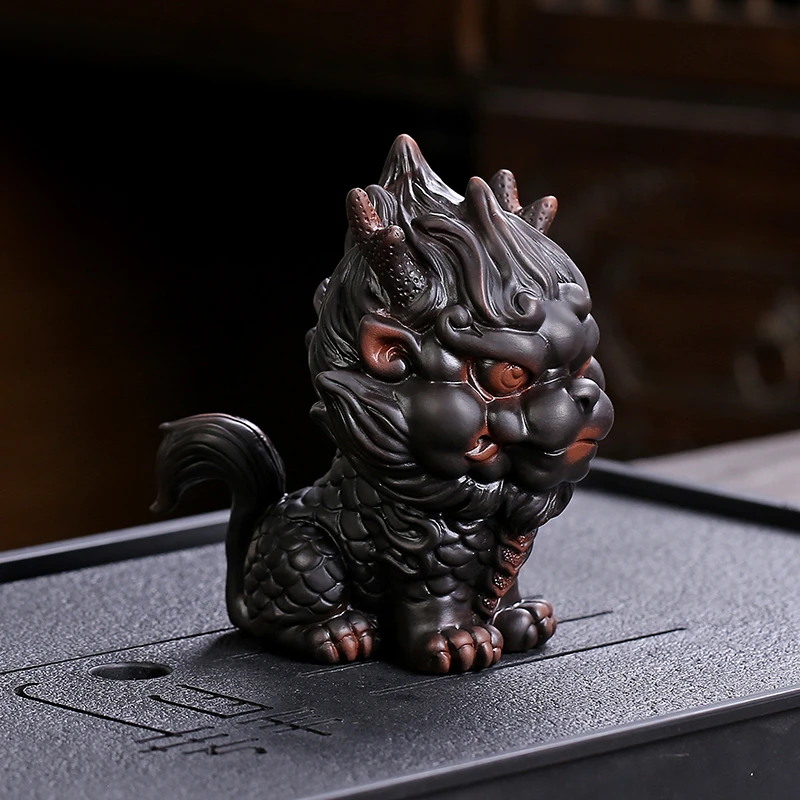 中式瑞兽火麒麟茶宠精品摆件可养茶桌茶道茶玩办公室装饰工艺品