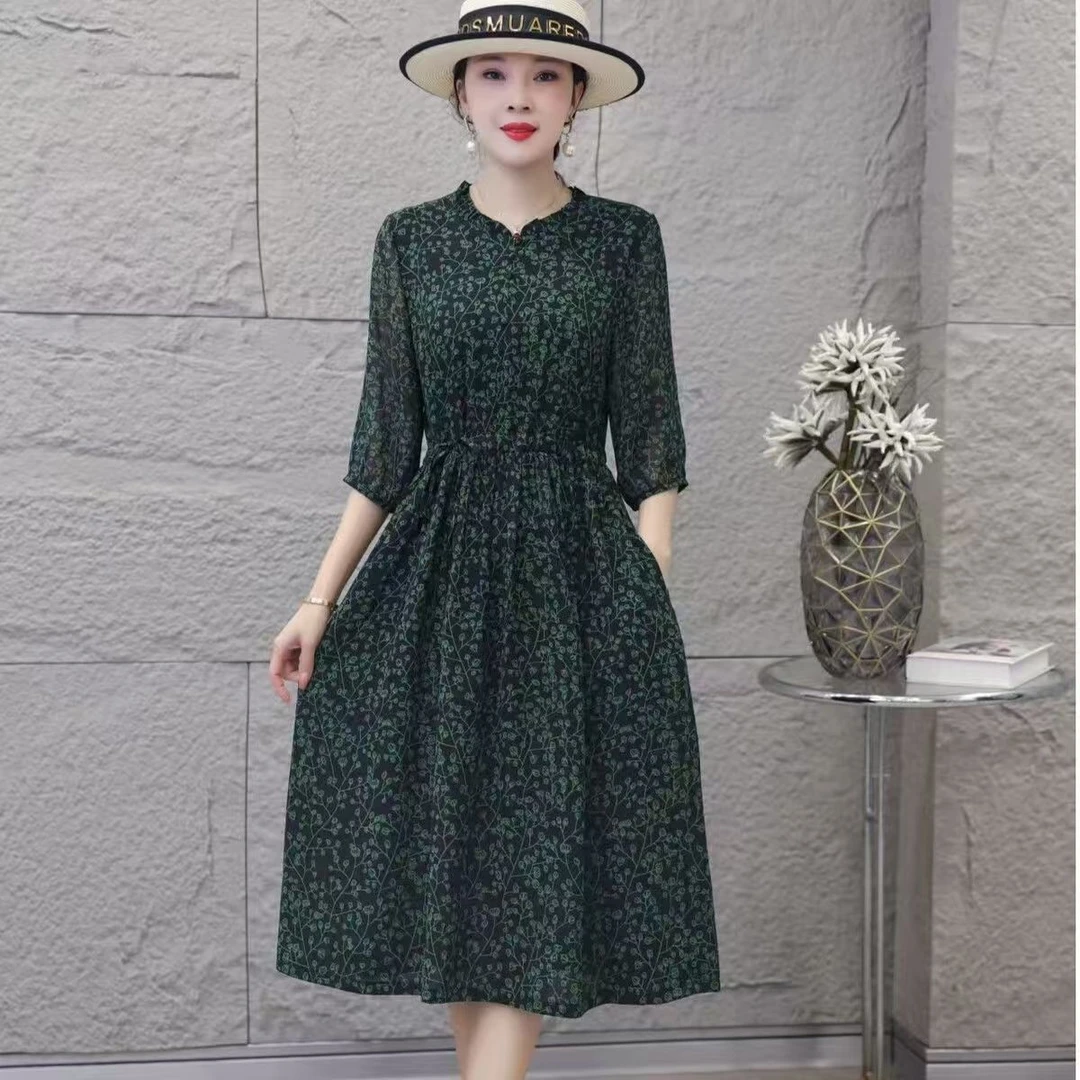 10020-春夏时尚显瘦修身遮肉气质妈妈装腰带收腰连衣裙