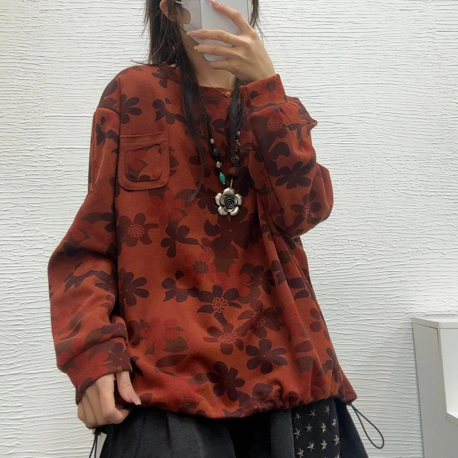 6169新款宽松休闲百搭花朵炒色做旧拉绳卫衣