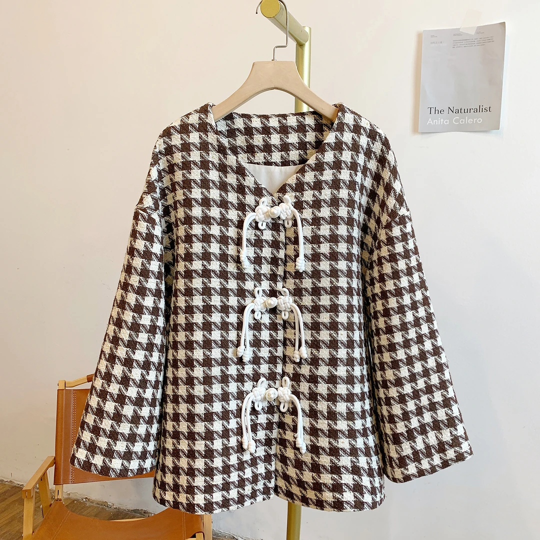 盘扣千鸟Y3081亮丝千鸟格流苏盘扣V领外套