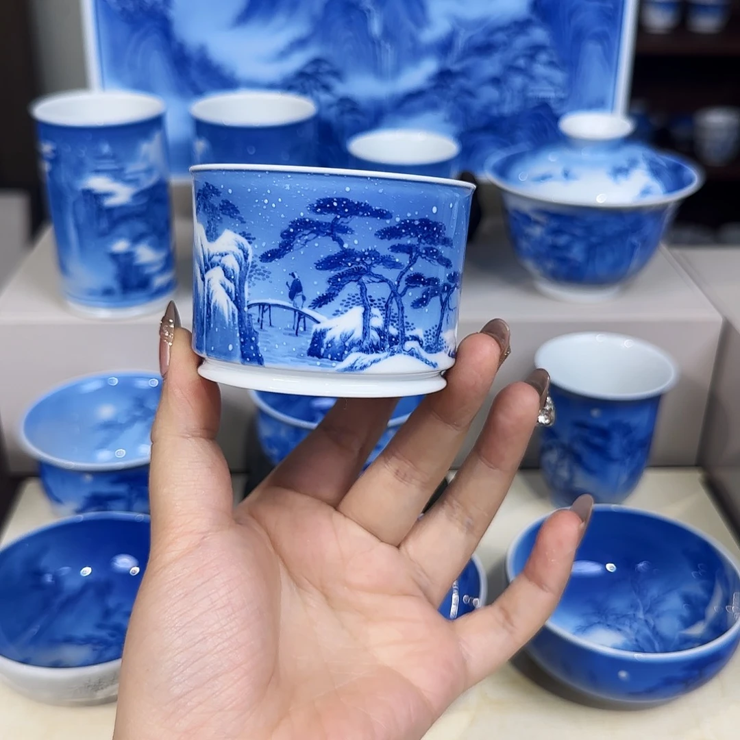青花山水手绘杯杯