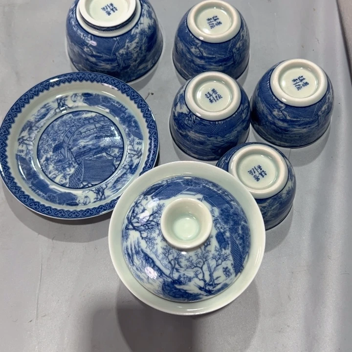 瓷片白青花清明上河图七件套全品