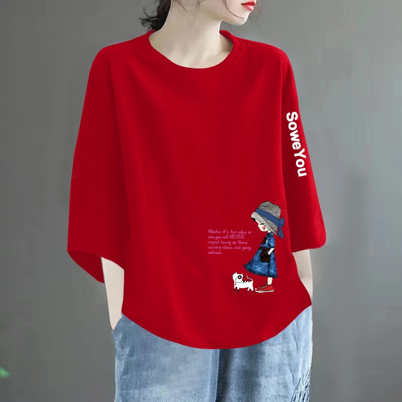 清仓捡漏~100%纯棉七分袖t恤女春夏中年妈妈装宽松圆领上衣打底衫