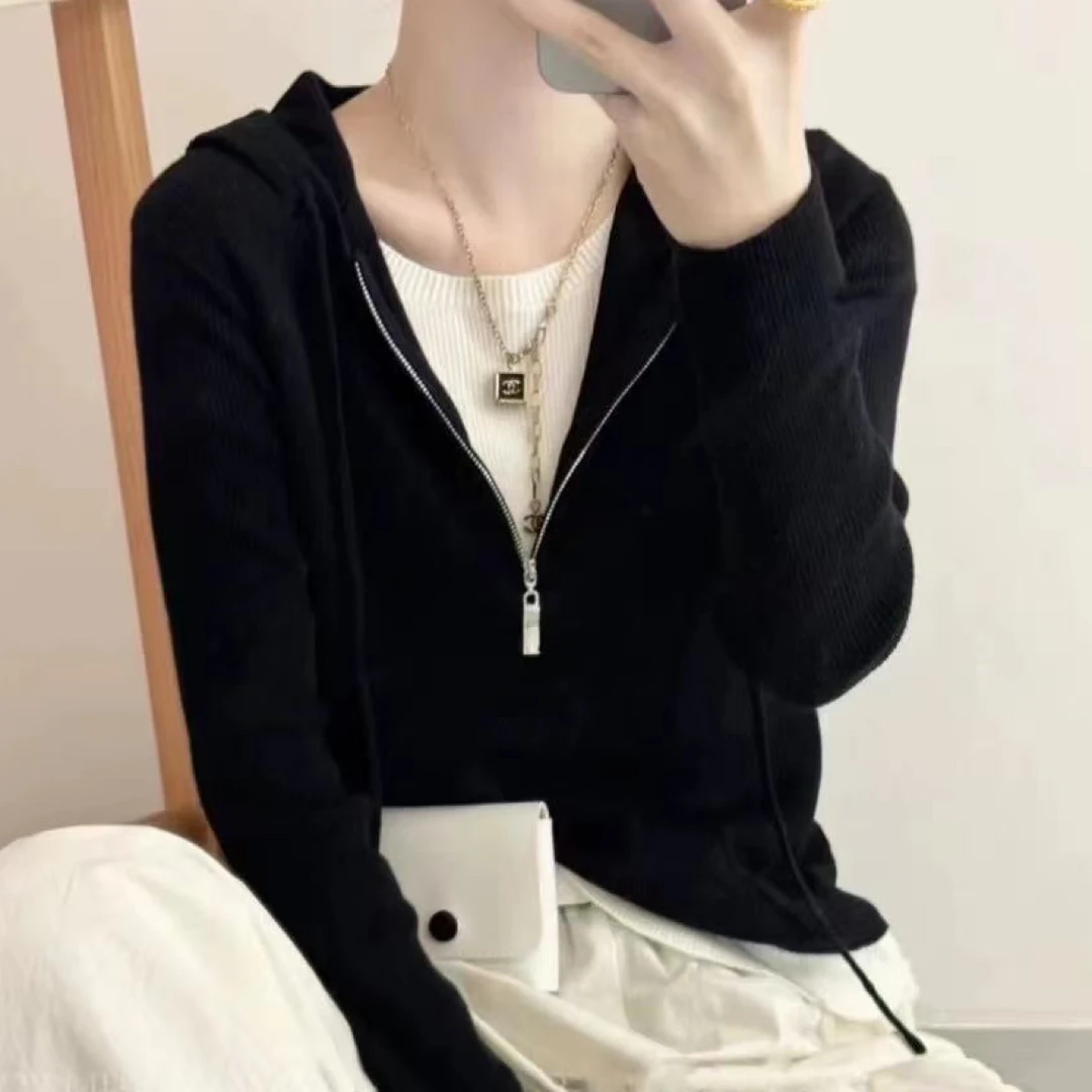 0172连帽假两件针织衫女春秋宽松显瘦百搭遮肉遮肚打底毛衣上衣