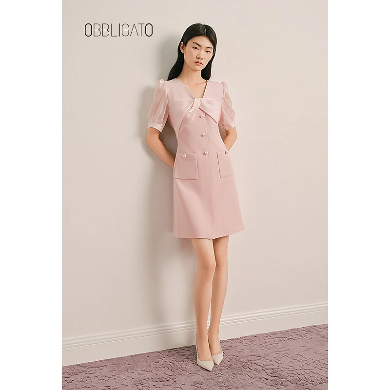 OBBLIGATO奥丽嘉朵专选2025夏季1C65205170新品蝴蝶结珍珠连衣裙
