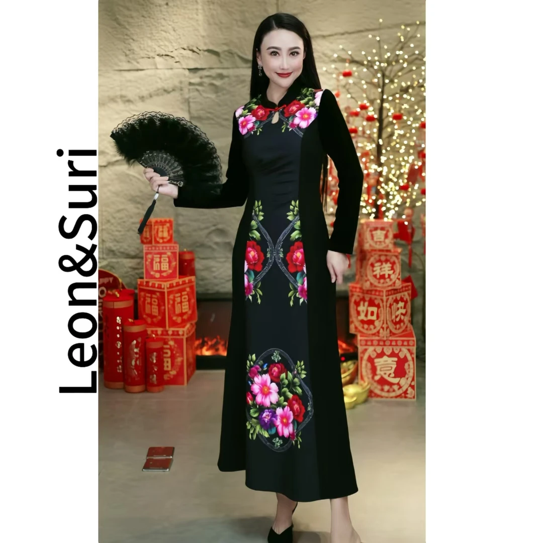 Leon&Suri “风传花信”新款显瘦修身气质设计款鱼尾旗袍连衣裙