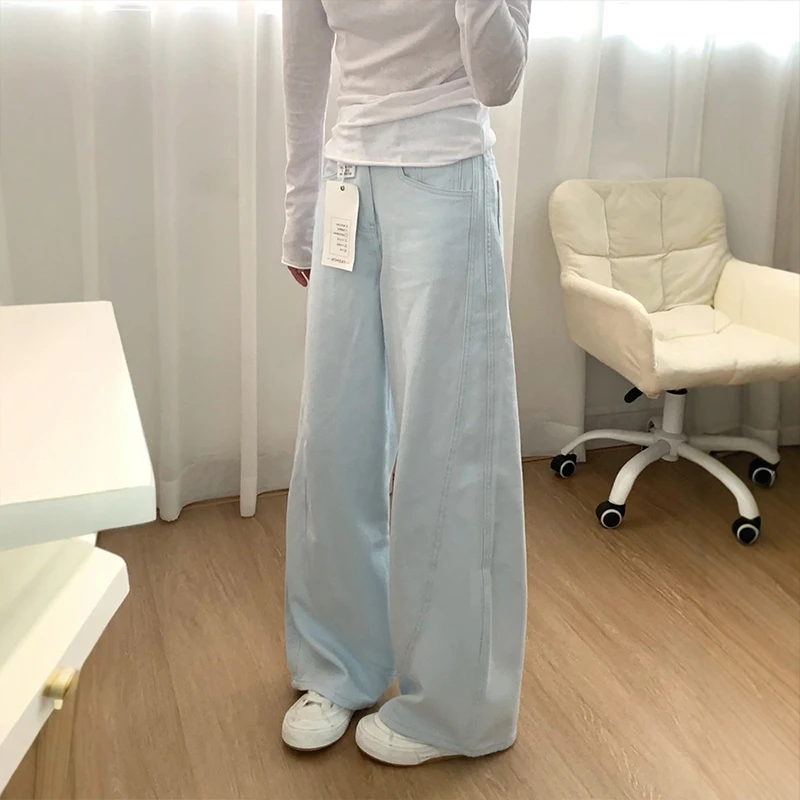 【欧若风】天空蓝阔腿牛仔裤女秋冬新款小众设计轻奢弯刀裤